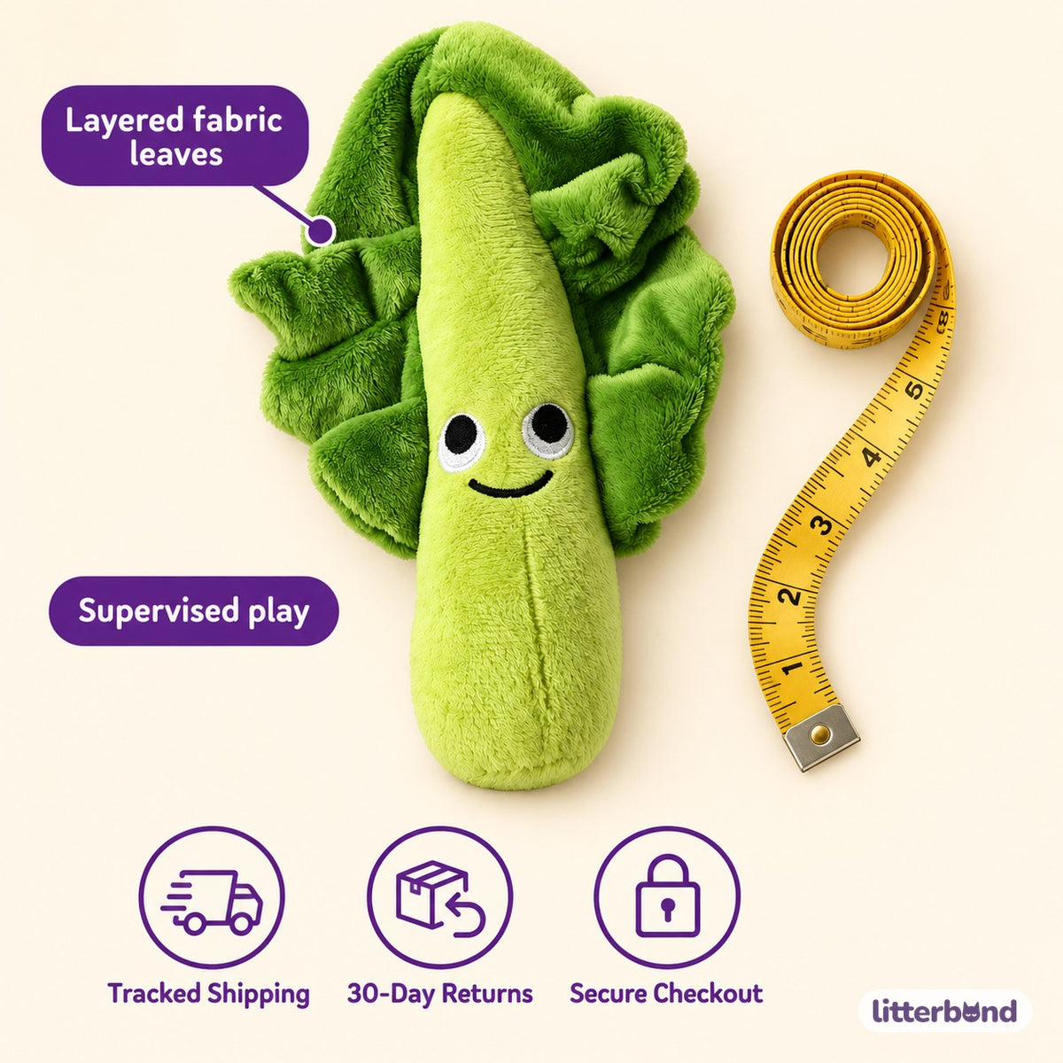 Smiling Kale Leaf Plush Toy - size and details