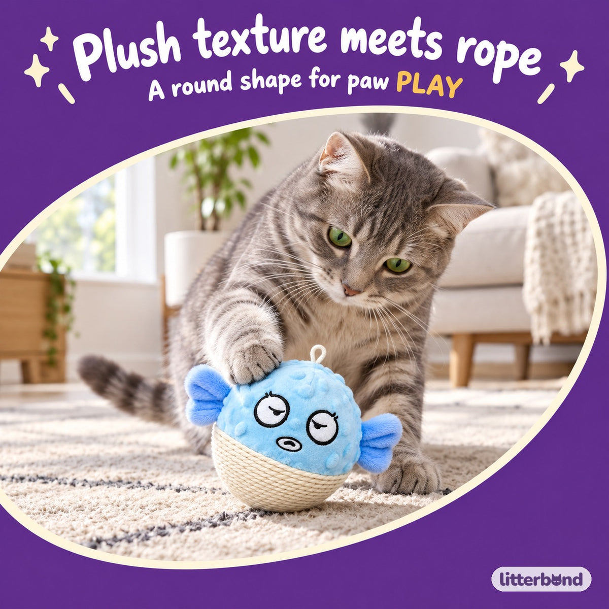 Pufferfish Rope-Bottom Cat Ball with a cat