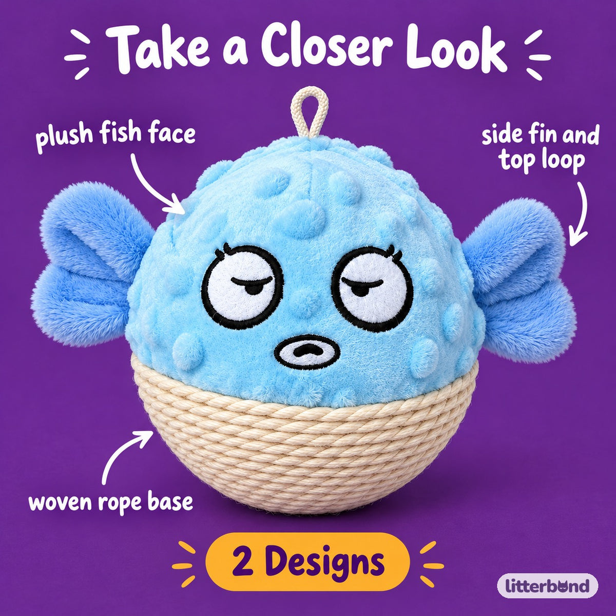 Pufferfish Rope-Bottom Cat Ball - close-up details