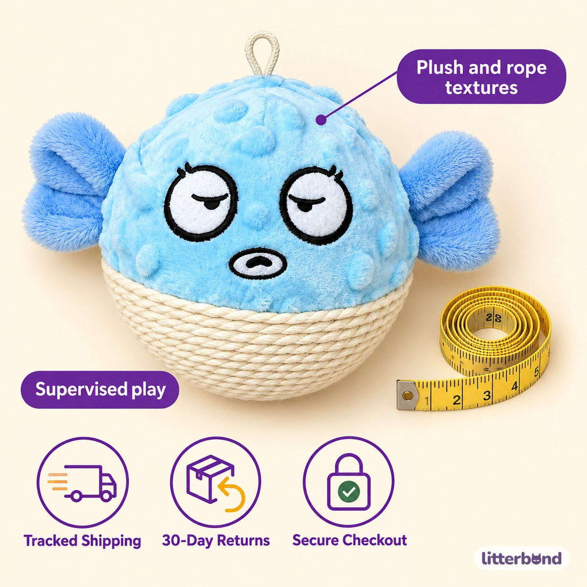 Pufferfish Rope-Bottom Cat Ball - size and details
