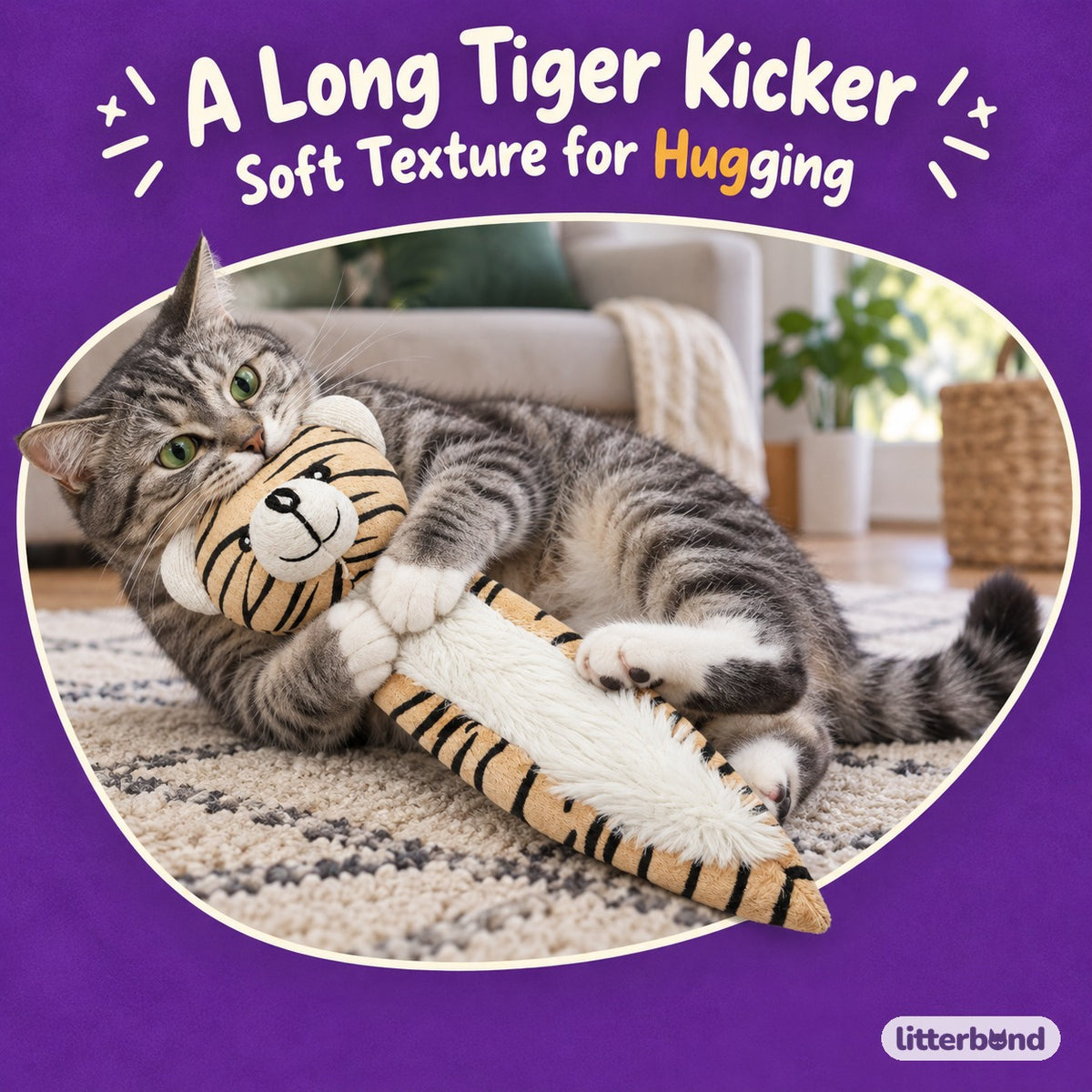 Striped Tiger Kicker Plush with a cat
