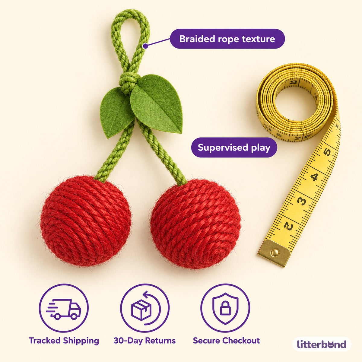 Cherry Rope Ball Toy - size and details