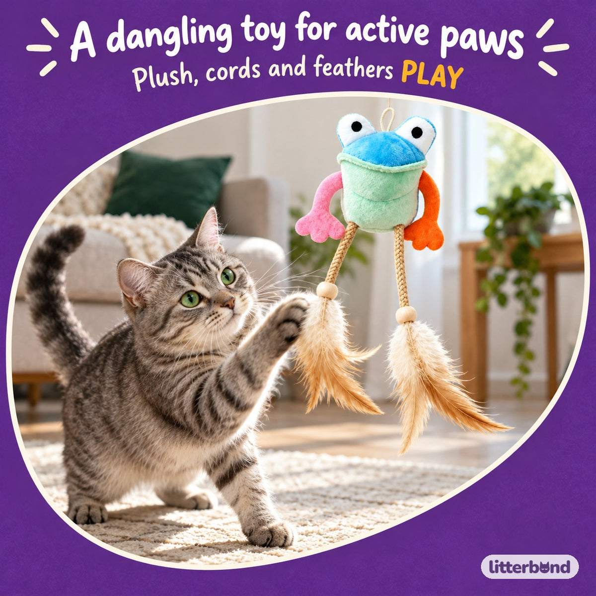 Frog Feather Hanging Toy with a cat