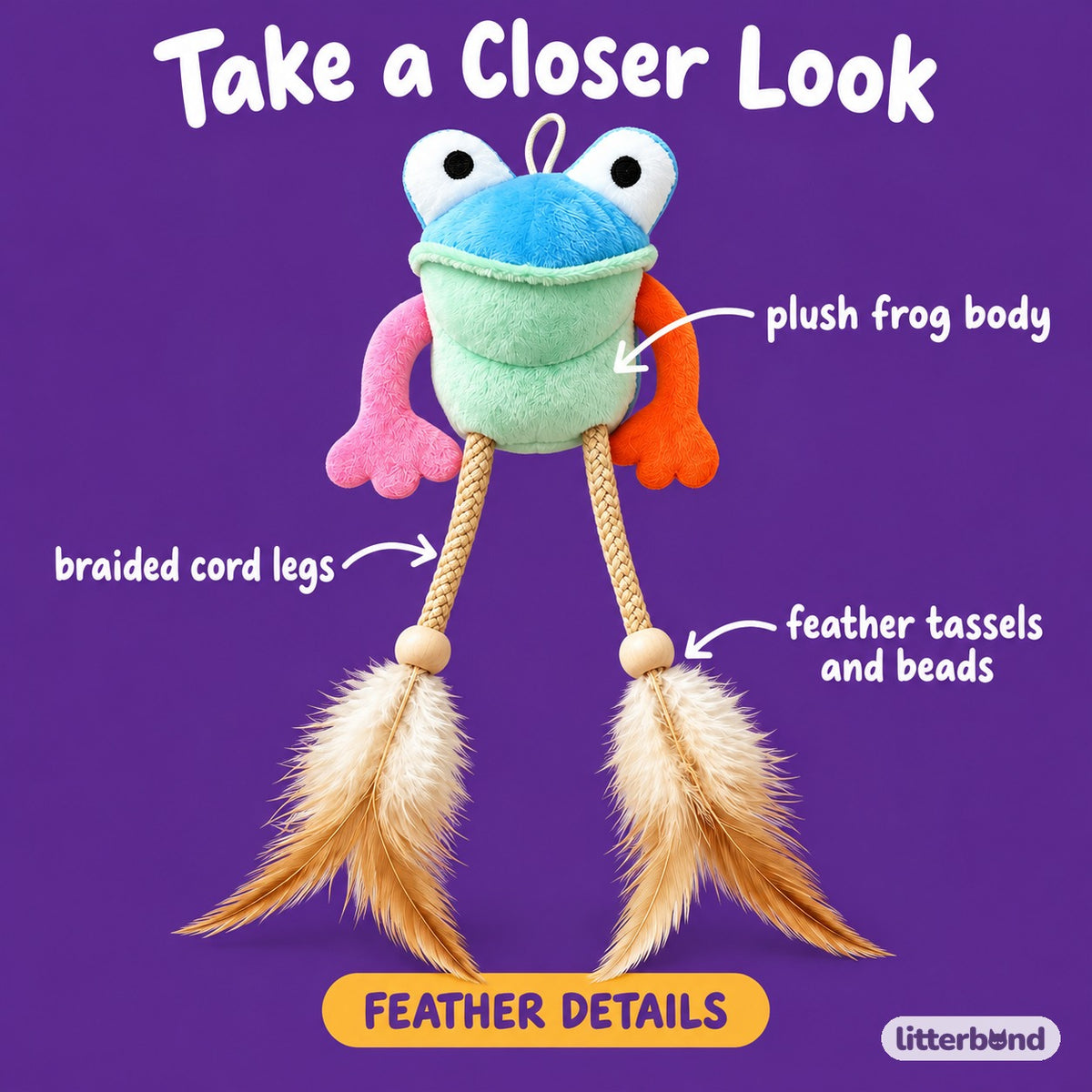 Frog Feather Hanging Toy - close-up details