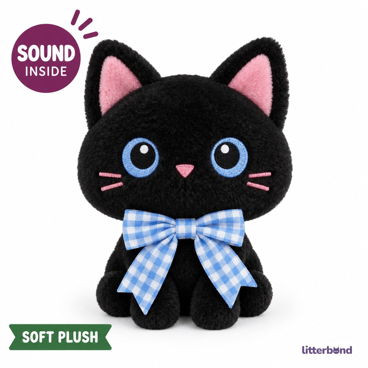 Gingham Bow Black Cat Plush
