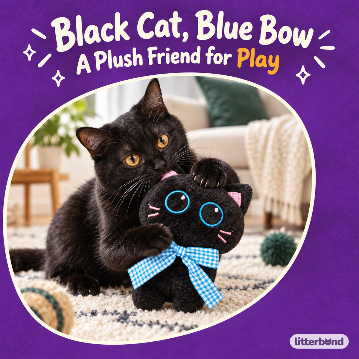 Gingham Bow Black Cat Plush with a cat