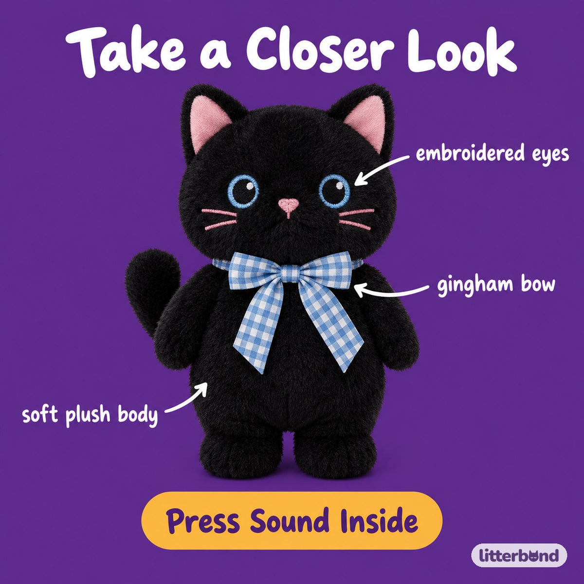Gingham Bow Black Cat Plush - close-up details