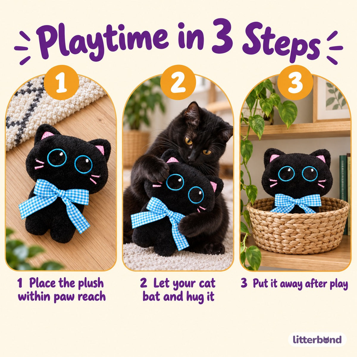 Gingham Bow Black Cat Plush - how to play