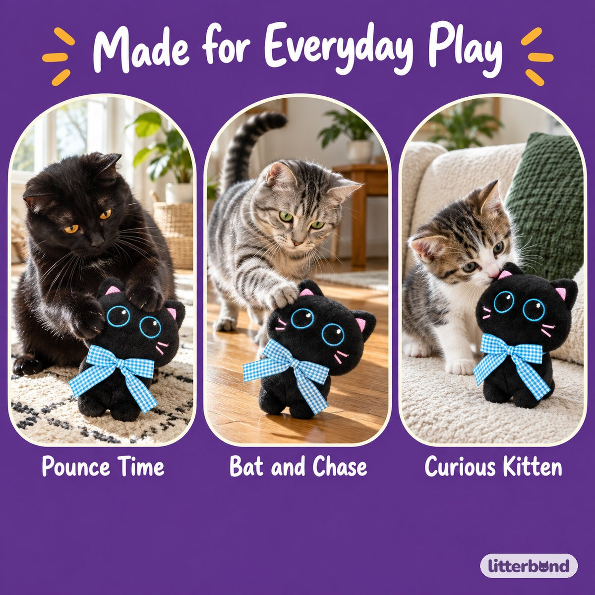 Gingham Bow Black Cat Plush - playtime at home