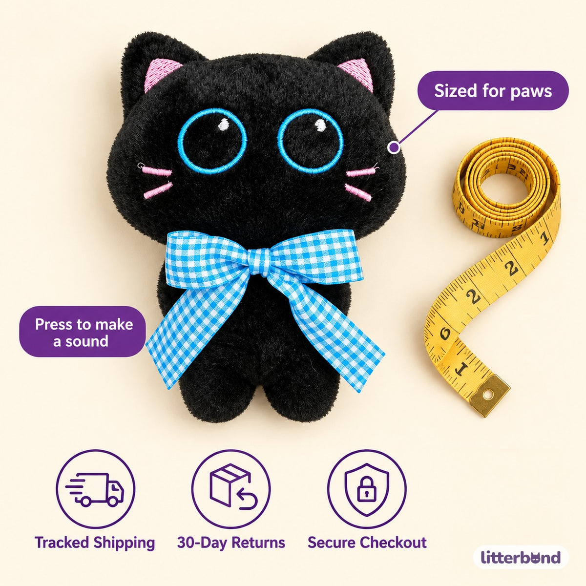 Gingham Bow Black Cat Plush - size and details