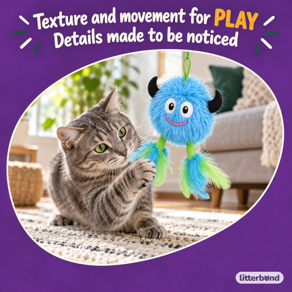 Monster Feather Hanging Toy with a cat