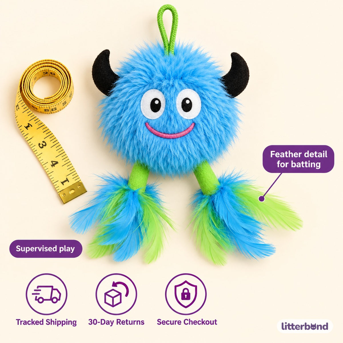 Monster Feather Hanging Toy - size and details