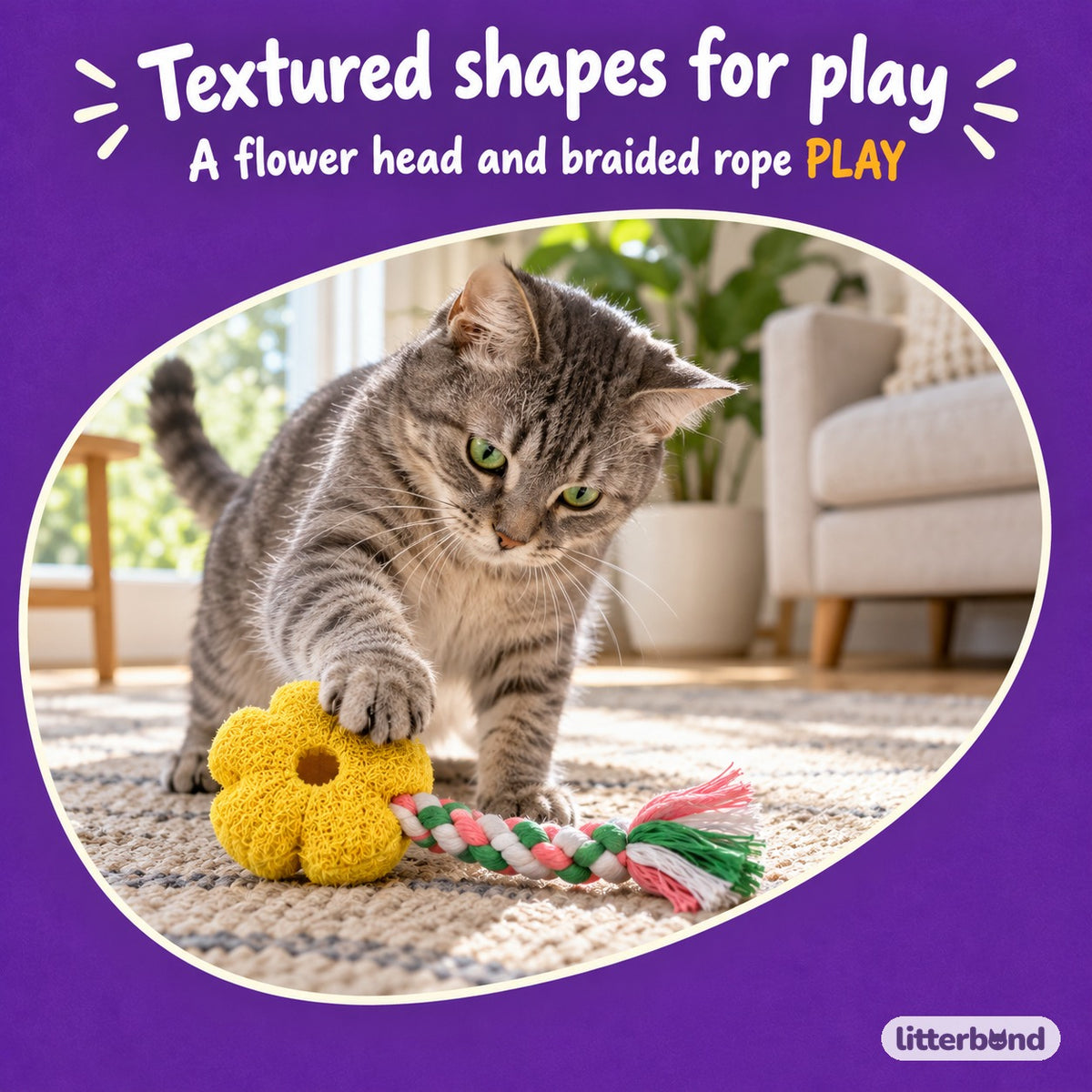 Yellow Loofah Rope Toy for Batting with a cat