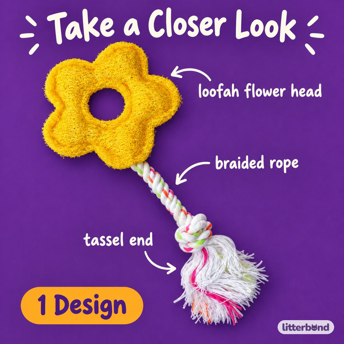 Yellow Loofah Rope Toy for Batting - close-up details