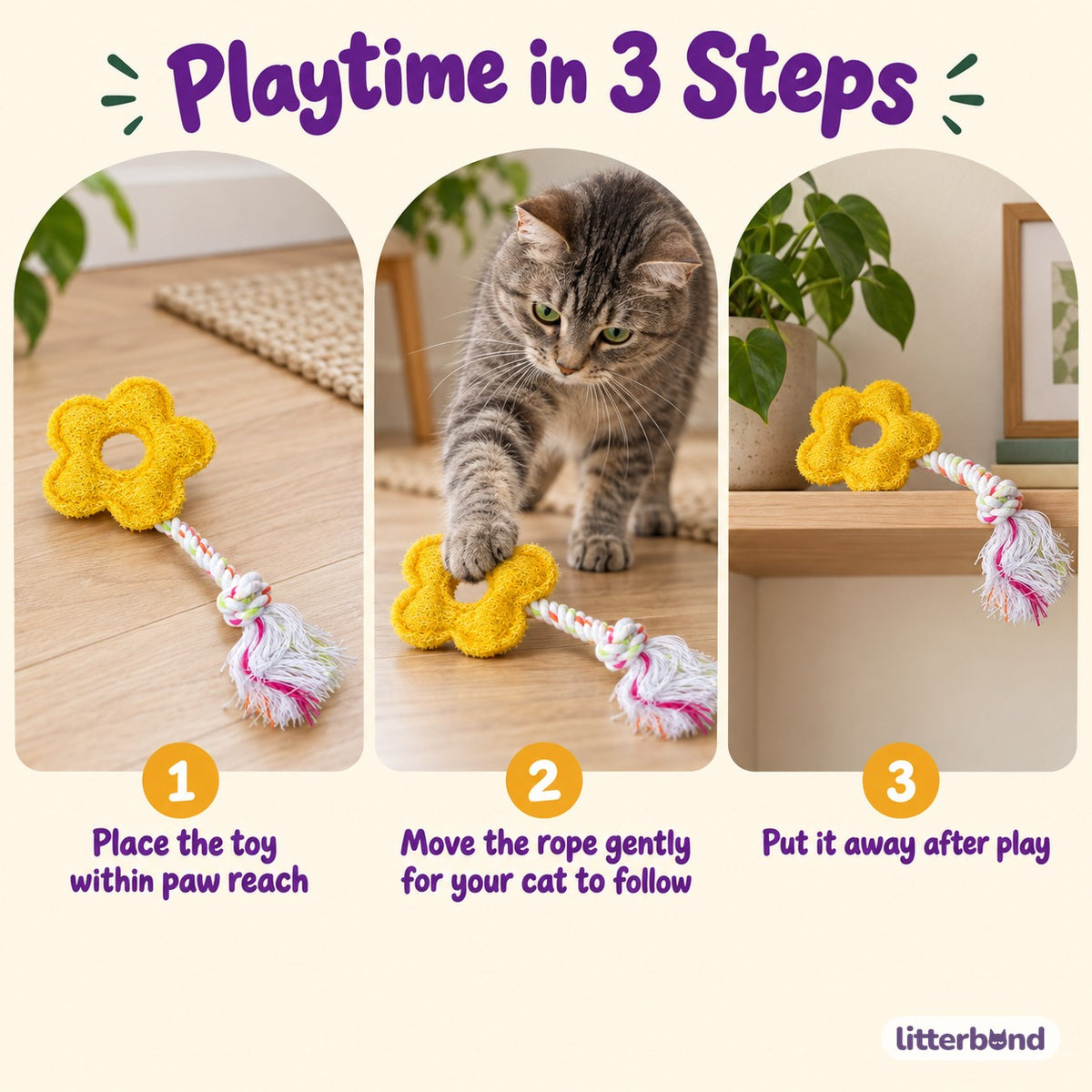 Yellow Loofah Rope Toy for Batting - how to play