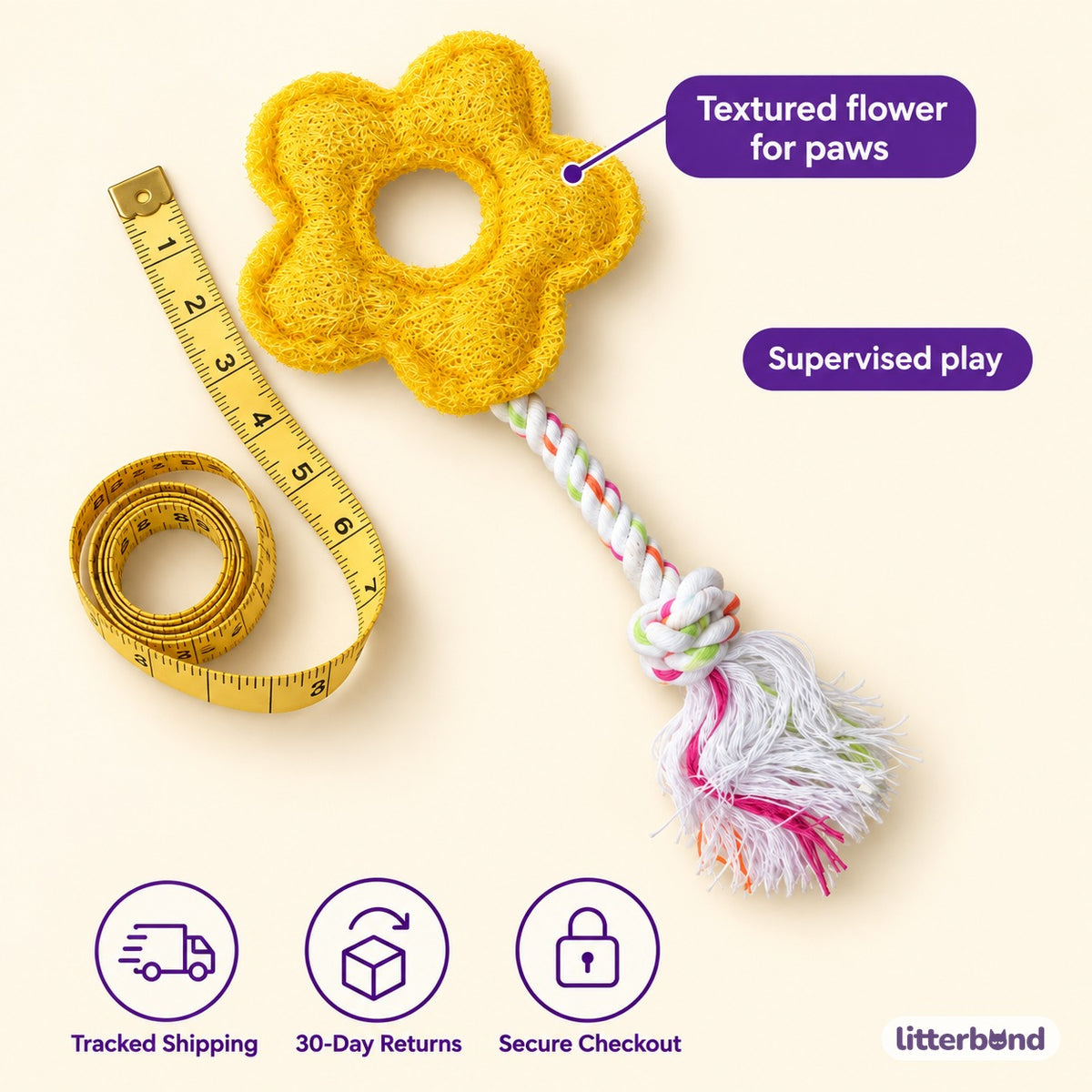 Yellow Loofah Rope Toy for Batting - size and details