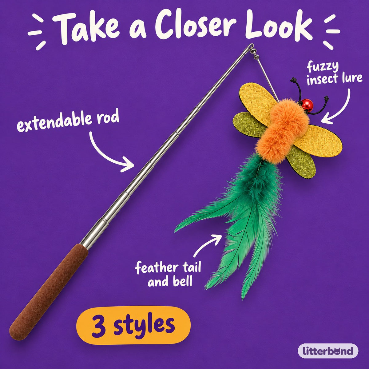 Feather Insect Wand for Chasing - close-up details