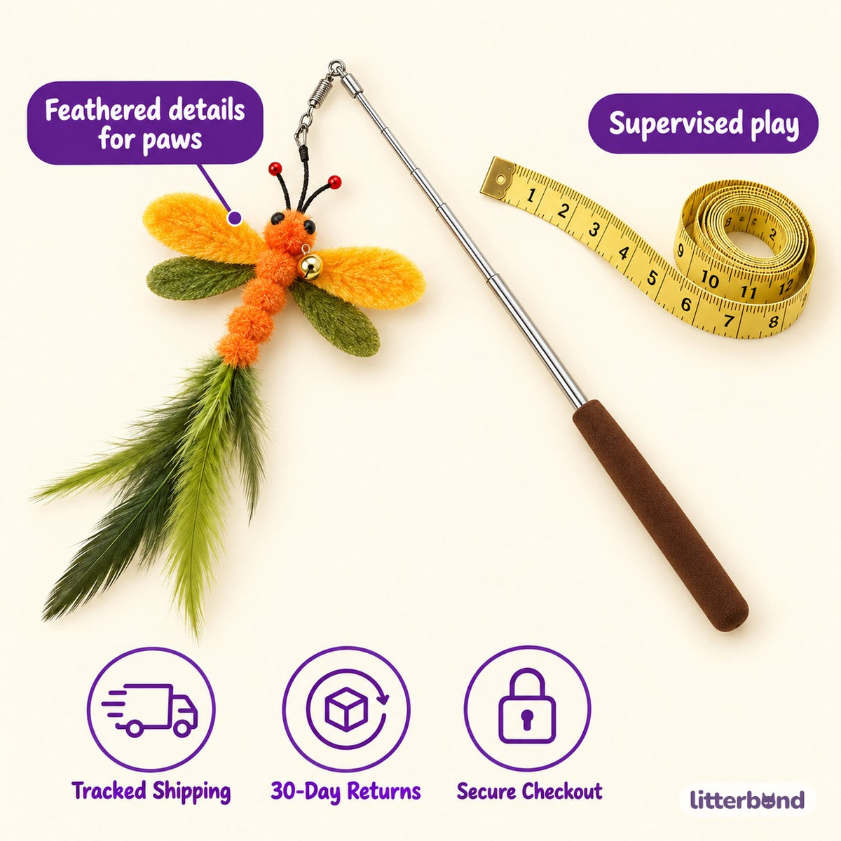 Feather Insect Wand for Chasing - size and details