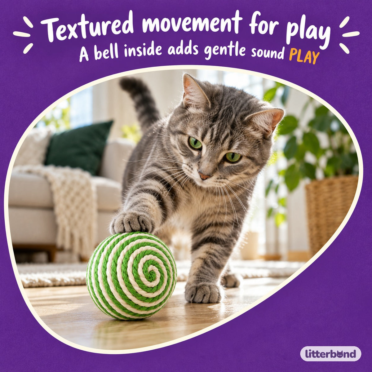 Green Stripe Sisal Bell Ball with a cat