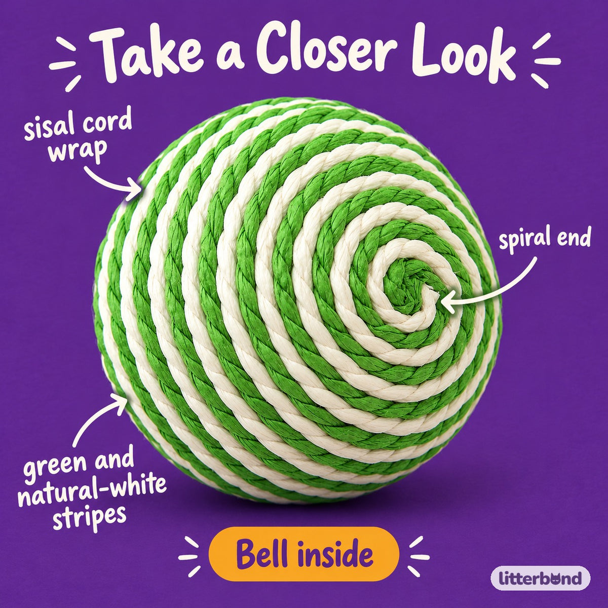 Green Stripe Sisal Bell Ball - close-up details