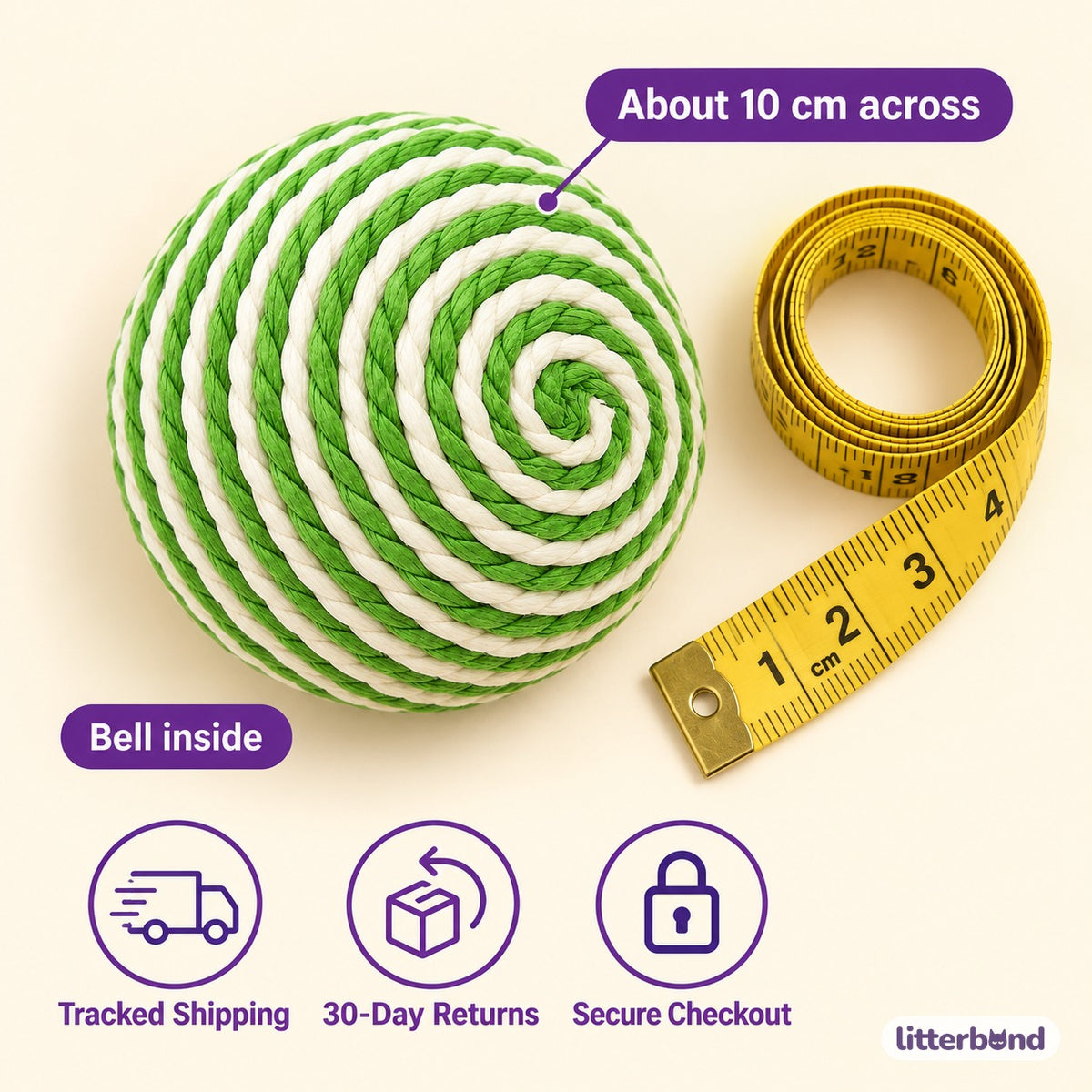 Green Stripe Sisal Bell Ball - size and details