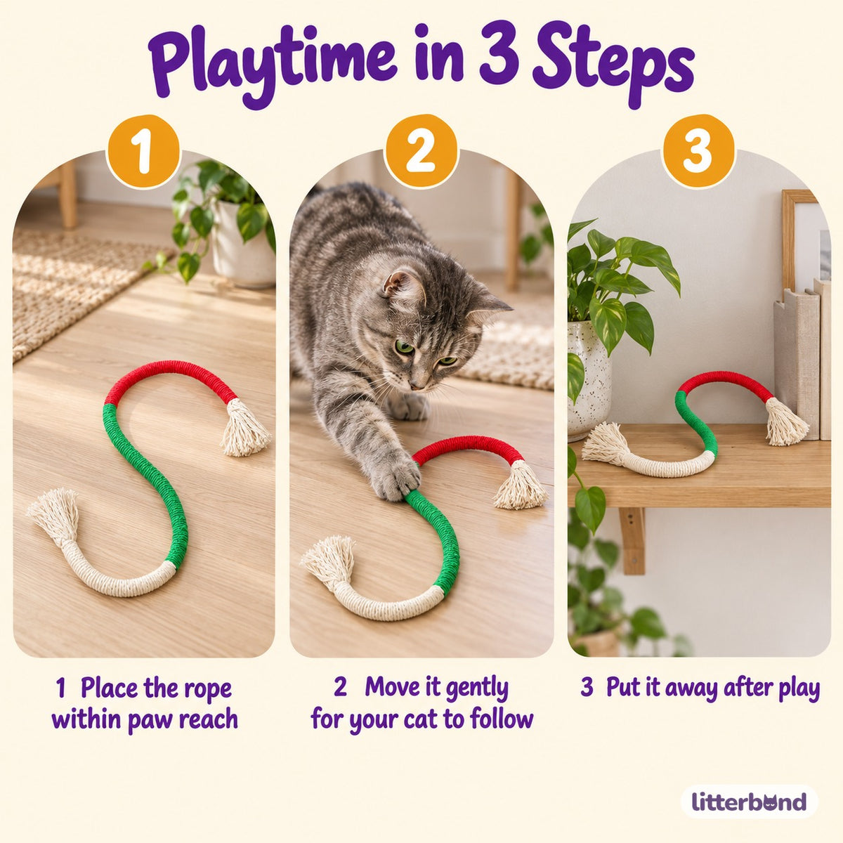 Tassel Trail Rope Toy - how to play