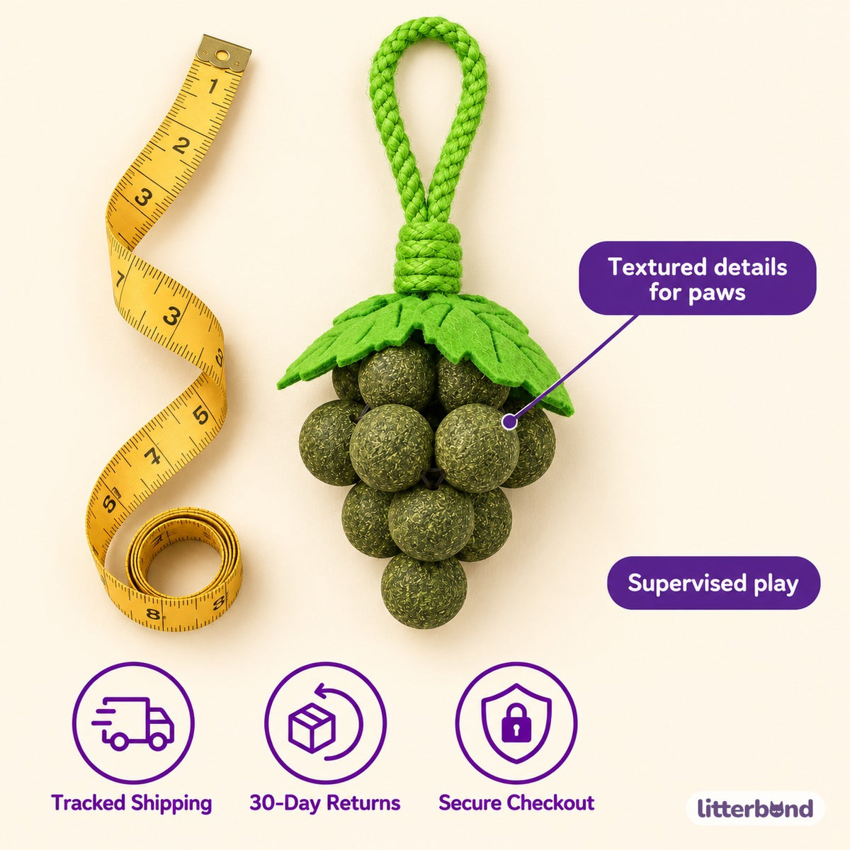 Textured Grape Cluster Hanging Toy - size and details