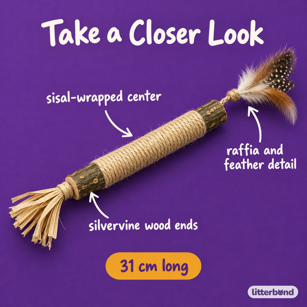 Silvervine Sisal Feather Stick - close-up details