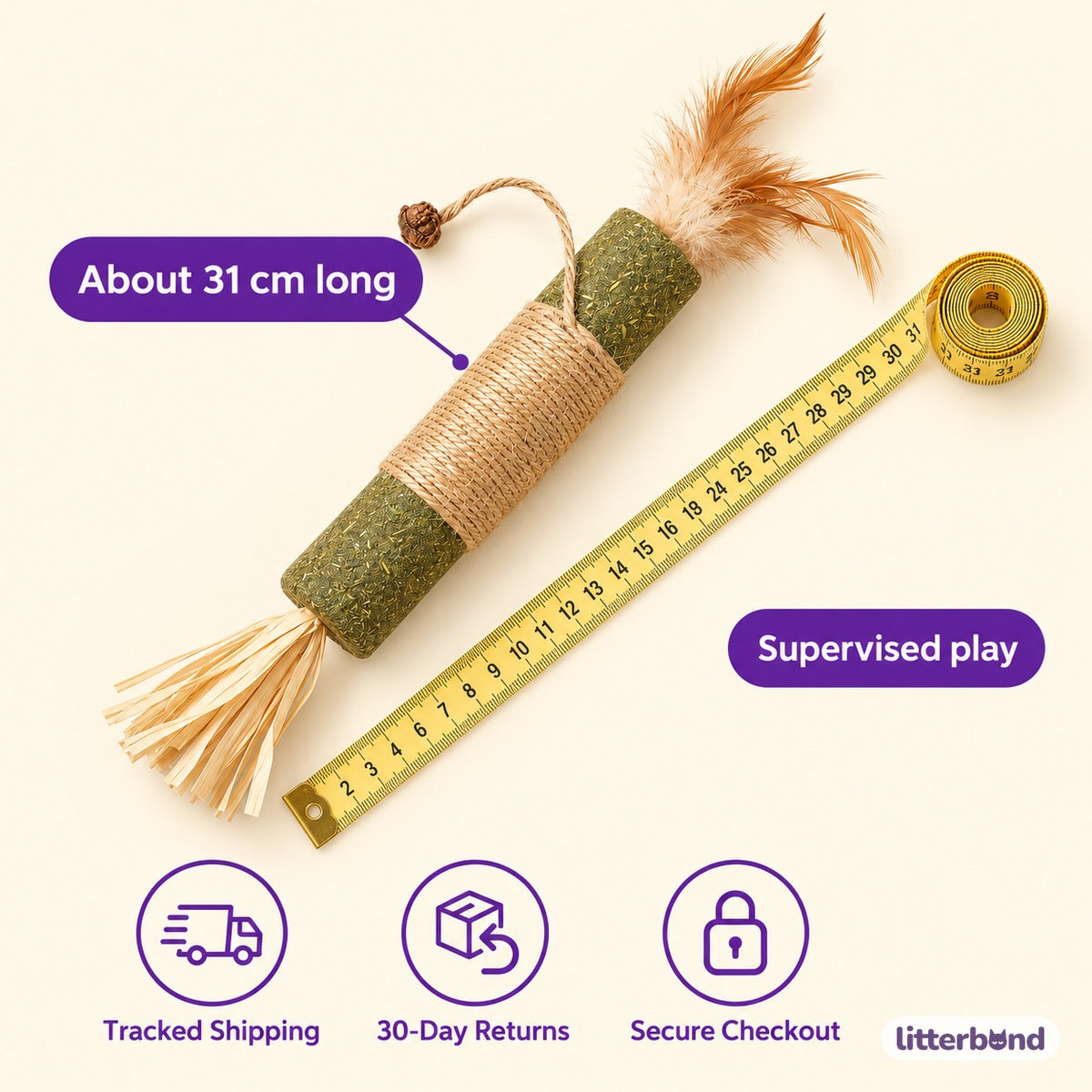 Silvervine Sisal Feather Stick - size and details