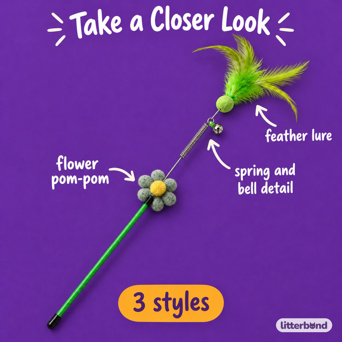Flower Feather Wands for Chasing - close-up details