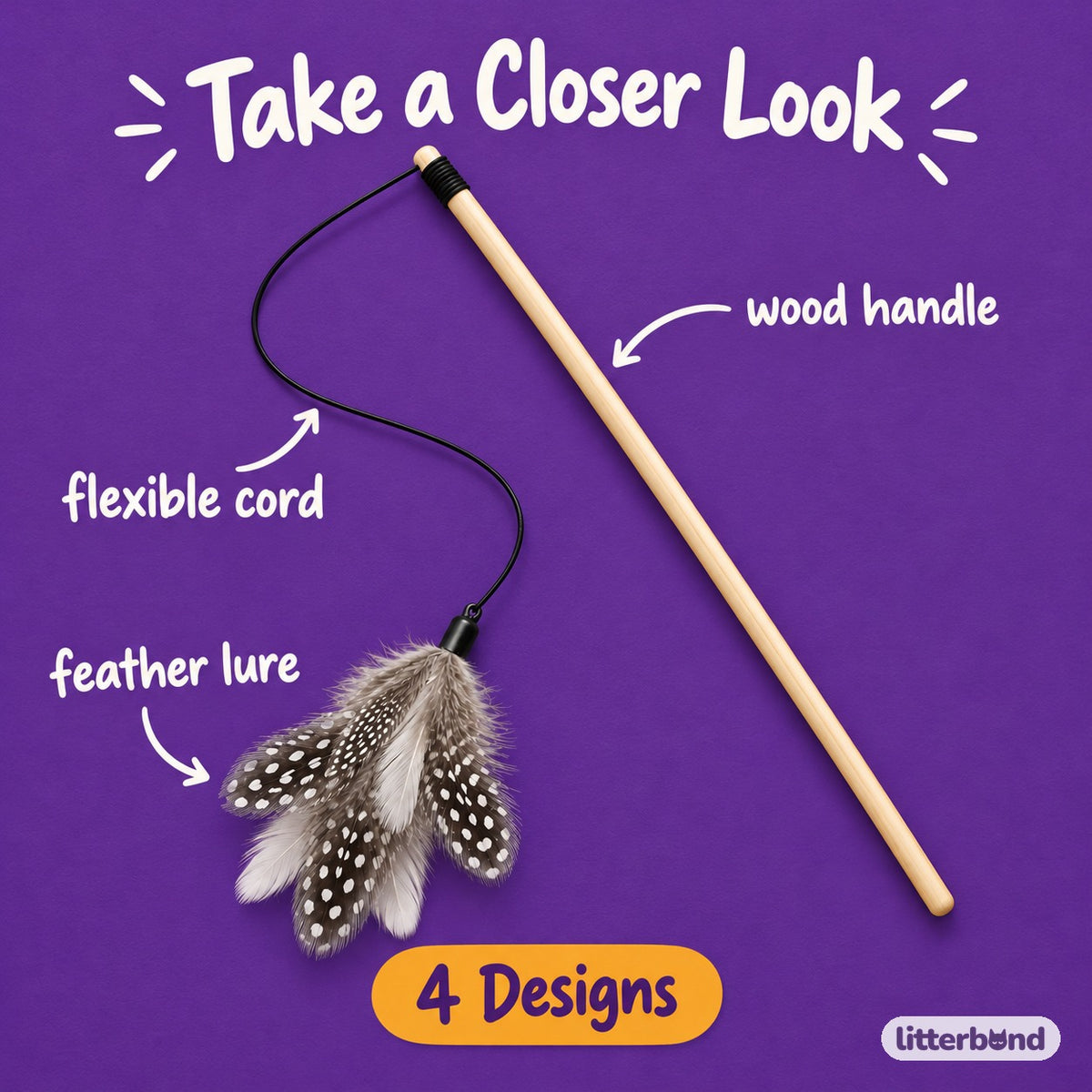 Wood Handle Feather Wand for Chasing - close-up details