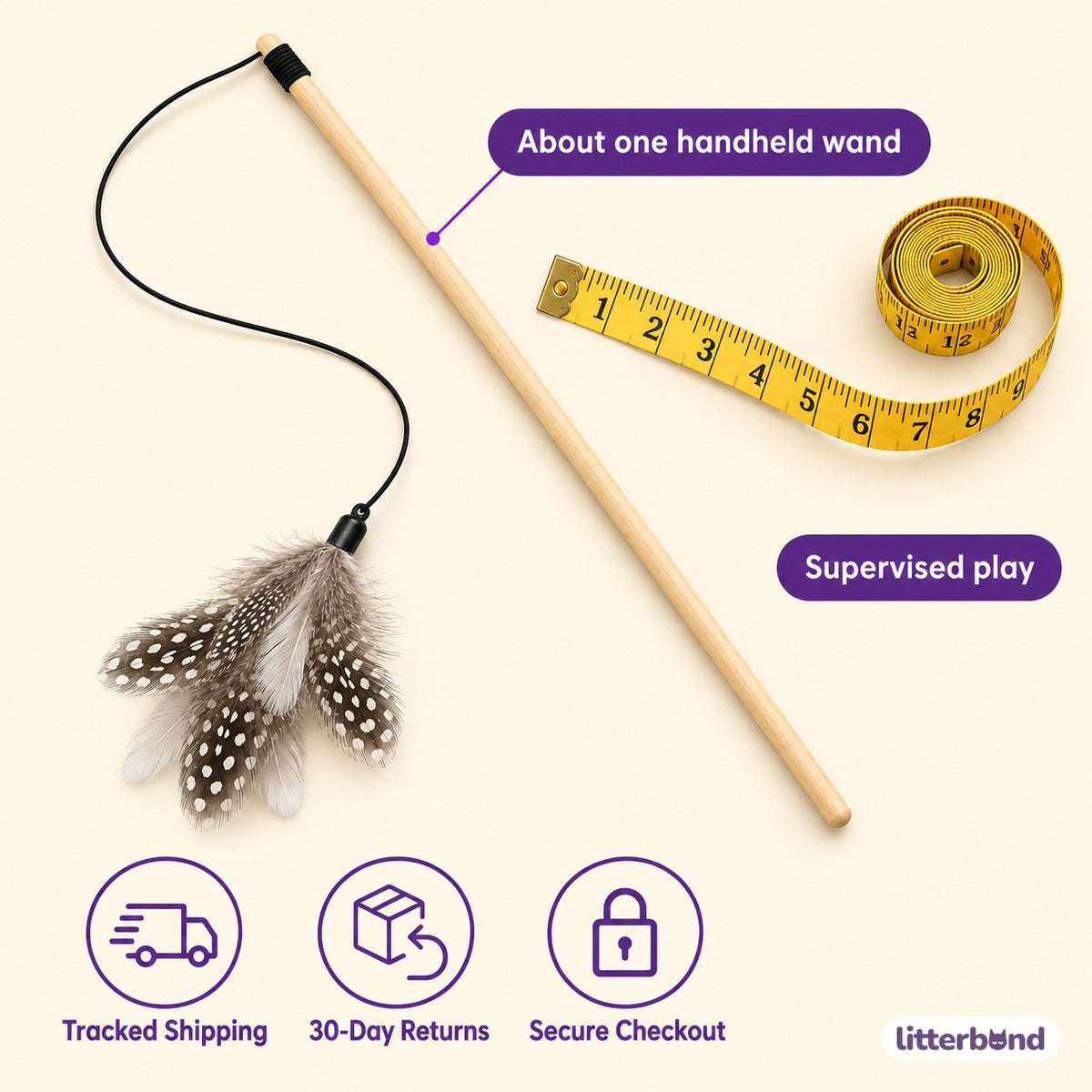 Wood Handle Feather Wand for Chasing - size and details