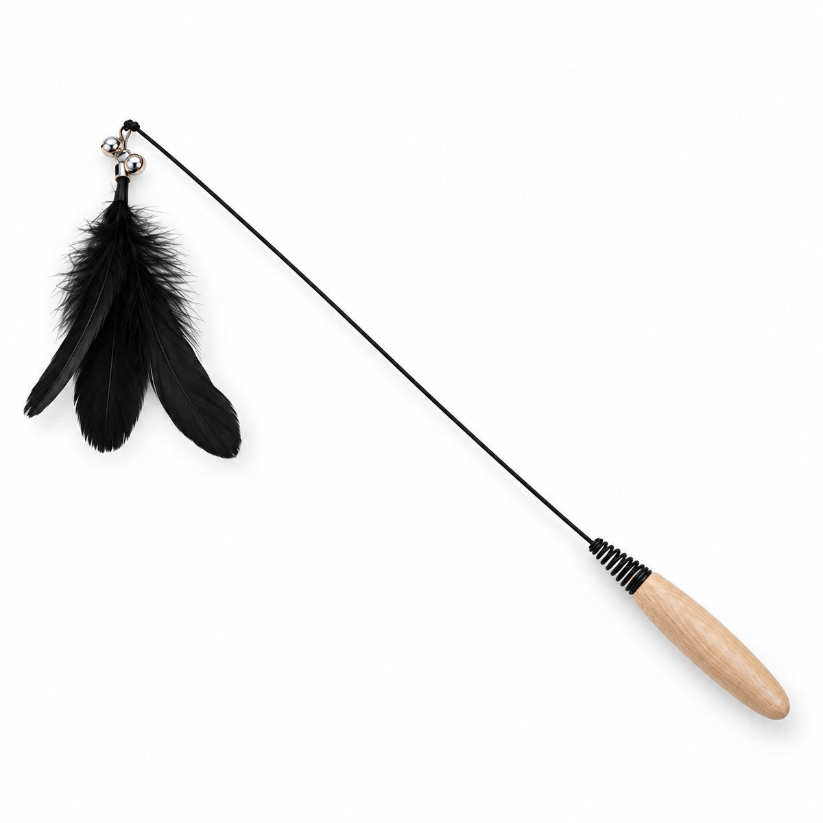 Wood Handle Feather Wand for Chasing - Black Feather