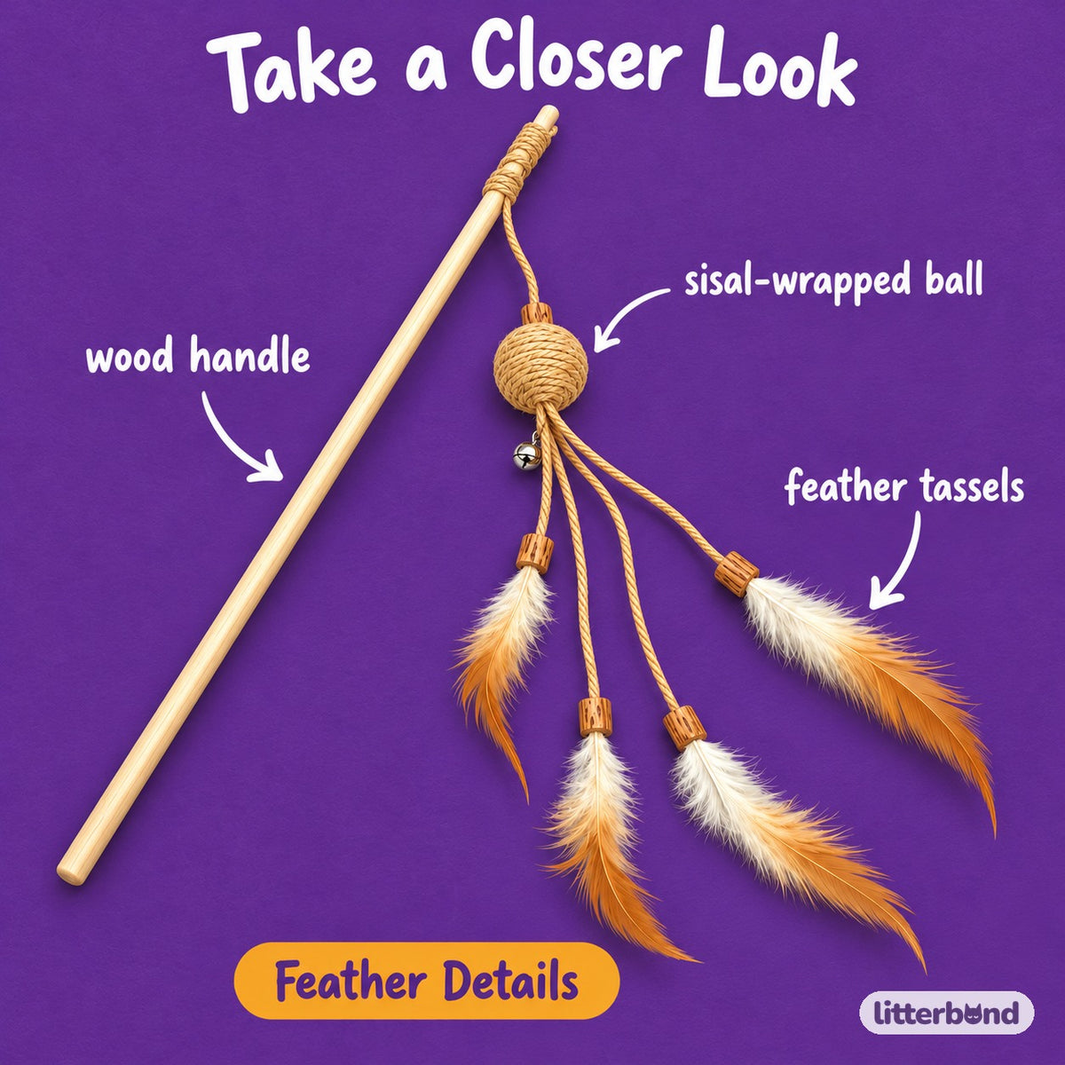 Sisal Ball Feather Wand for Batting - close-up details