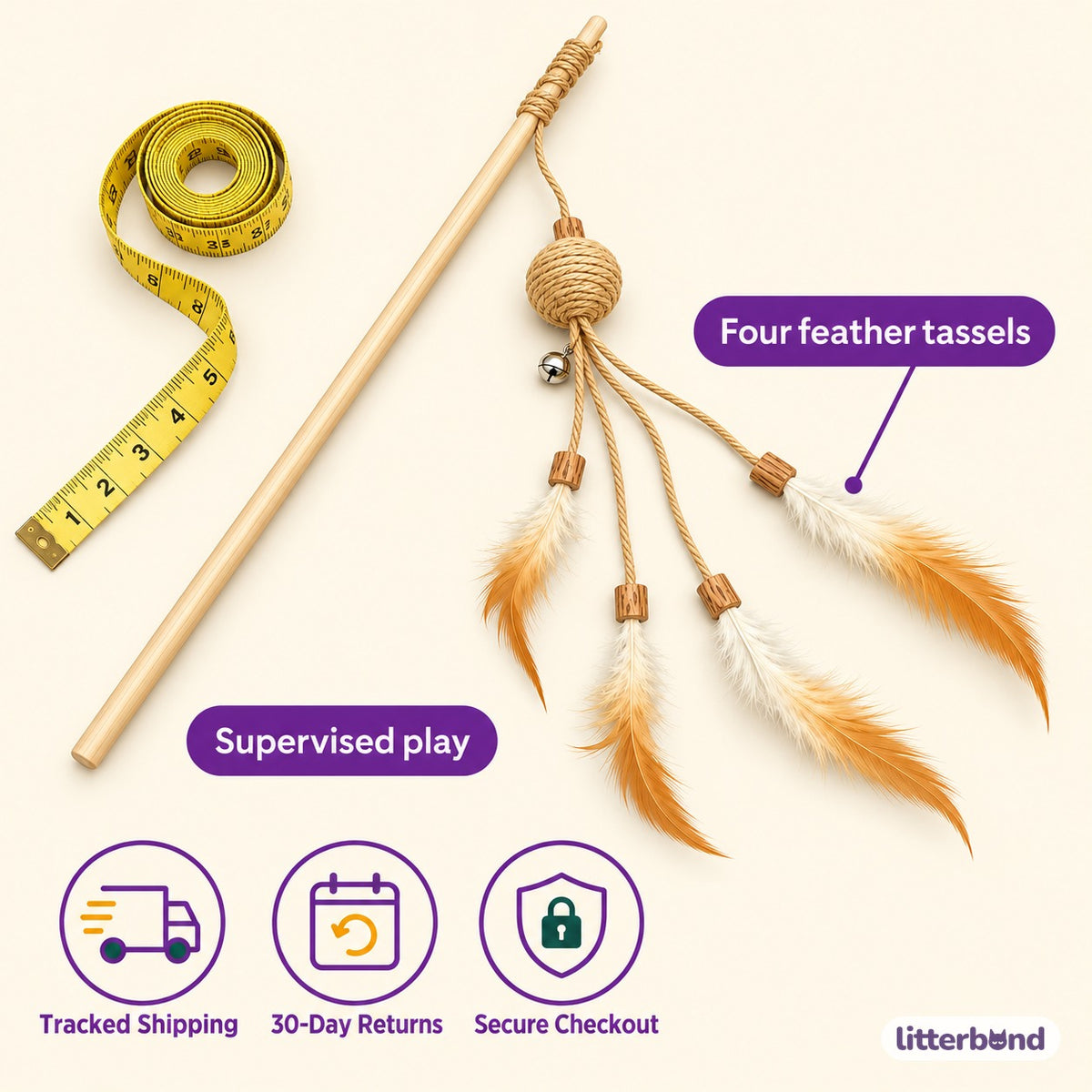Sisal Ball Feather Wand for Batting - size and details