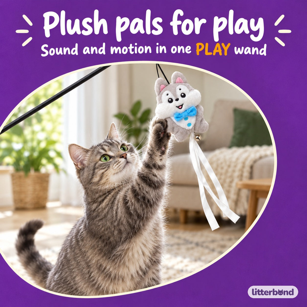 Wolf Pup & Fox Plush Teaser Wand with a cat