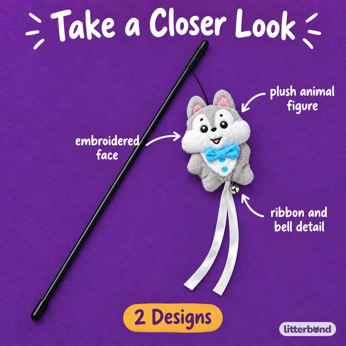 Wolf Pup & Fox Plush Teaser Wand - close-up details