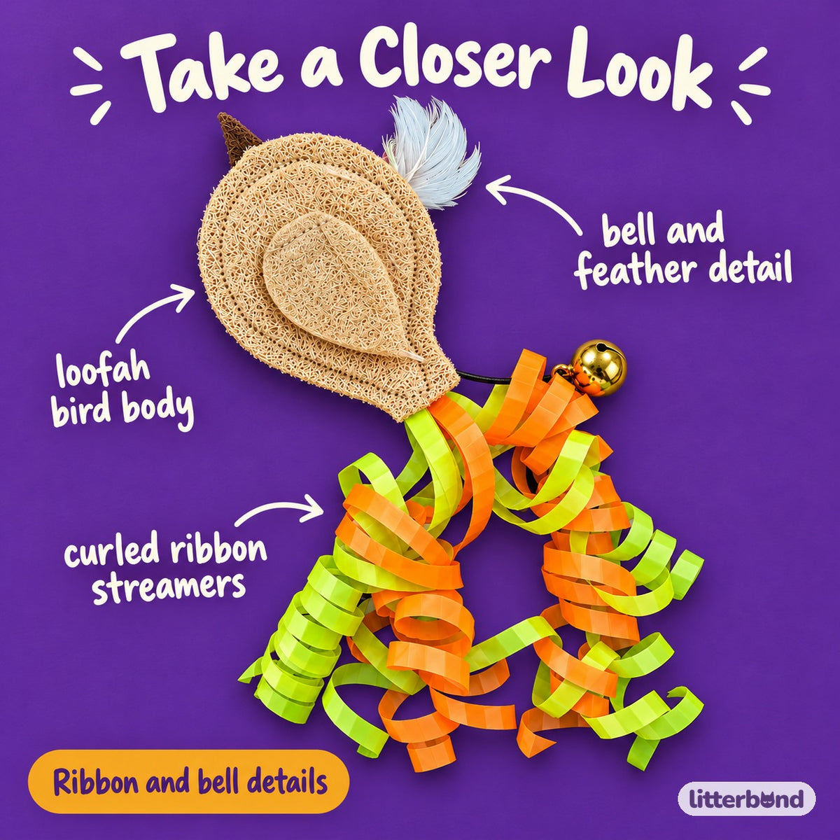 Loofah Bird Ribbon Toy for Batting - close-up details