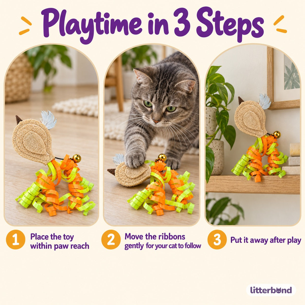 Loofah Bird Ribbon Toy for Batting - how to play