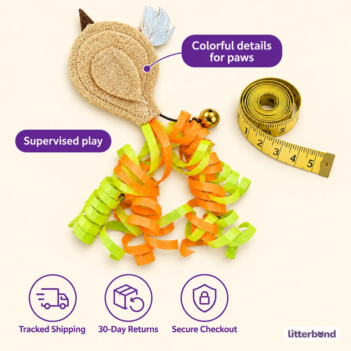 Loofah Bird Ribbon Toy for Batting - size and details