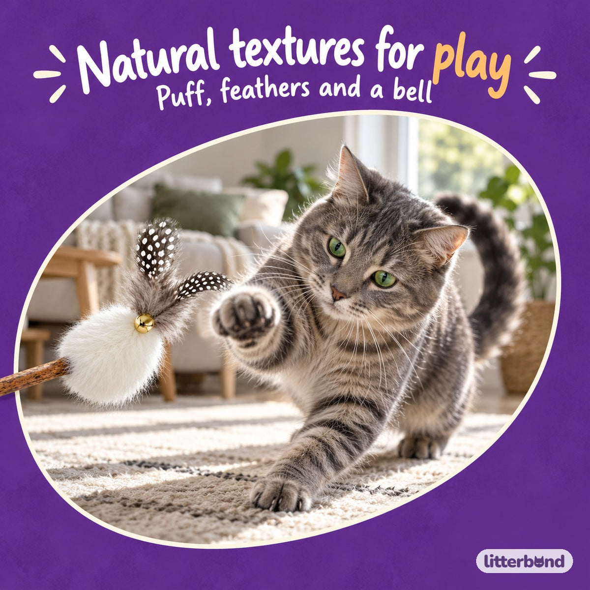 Silvervine Fluffy Puff Teaser Wand with a cat