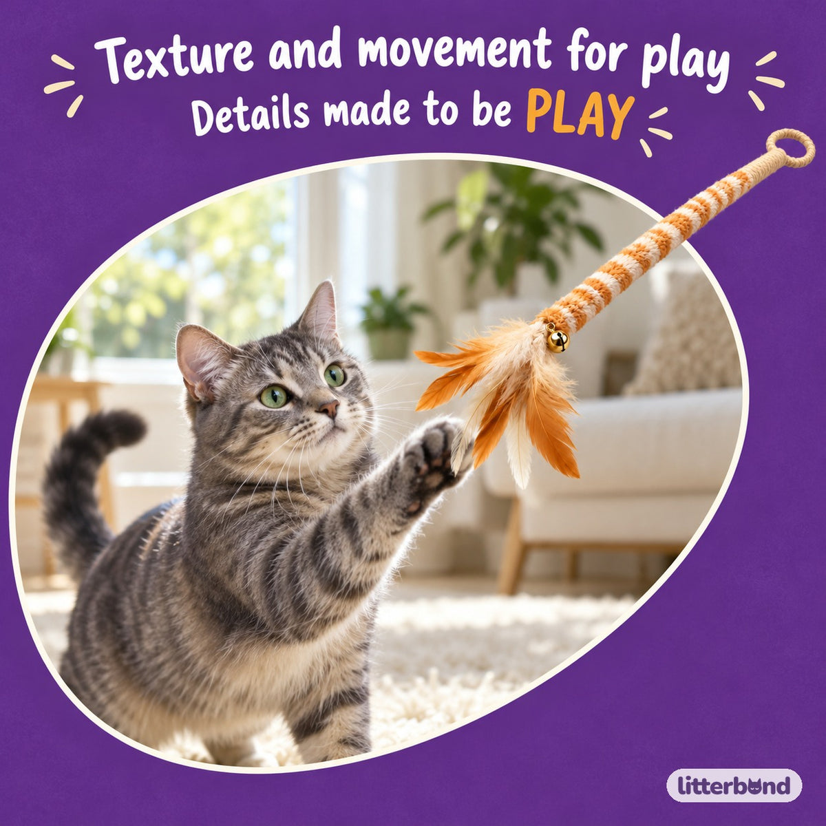 Striped Feather Chase Wand with a cat