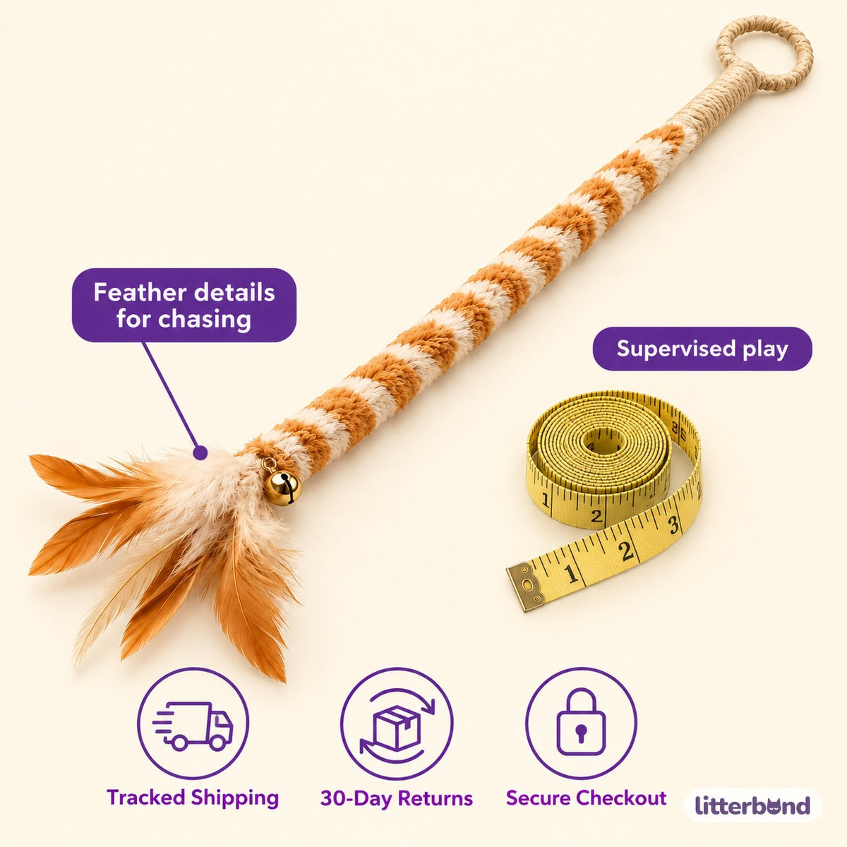 Striped Feather Chase Wand - size and details