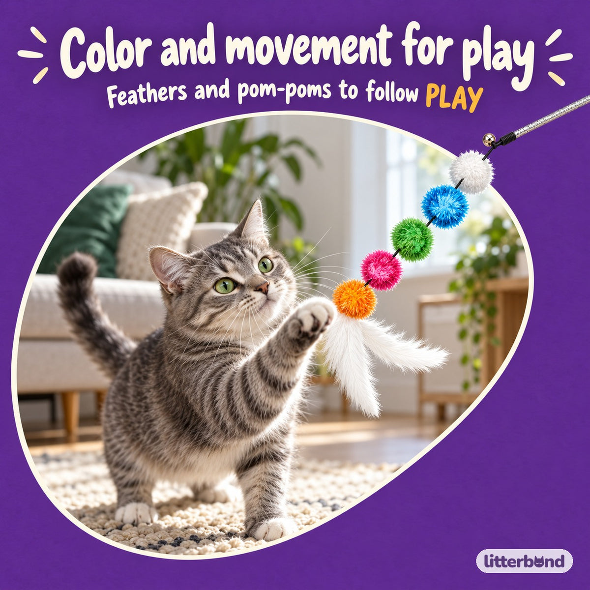 Rainbow Pom-Pom Wand for Chasing with a cat