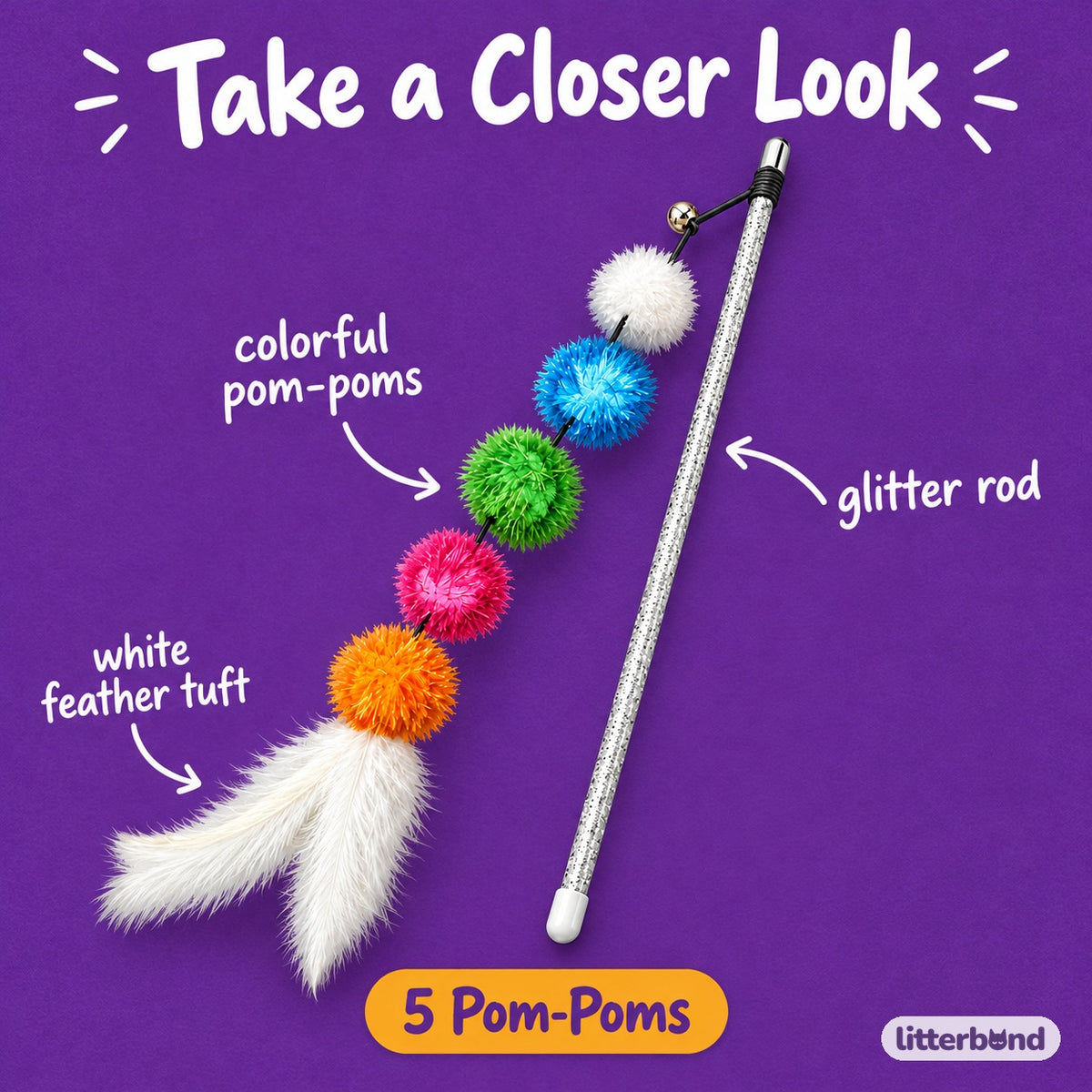 Rainbow Pom-Pom Wand for Chasing - close-up details