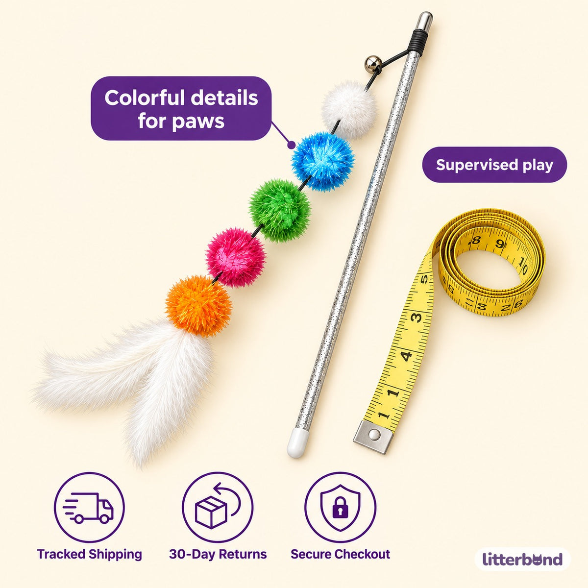 Rainbow Pom-Pom Wand for Chasing - size and details