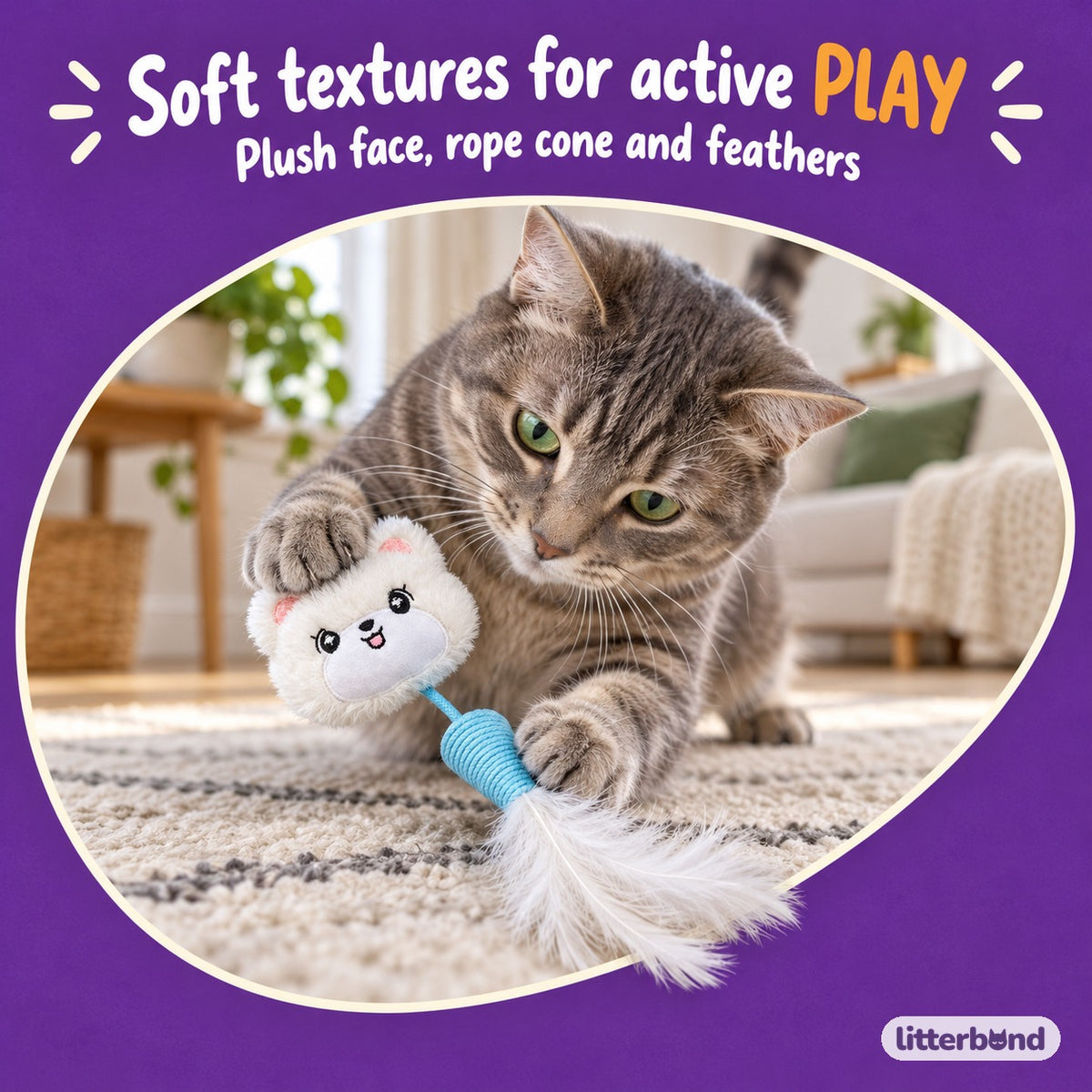 Plush Face Feather Cone for Batting with a cat