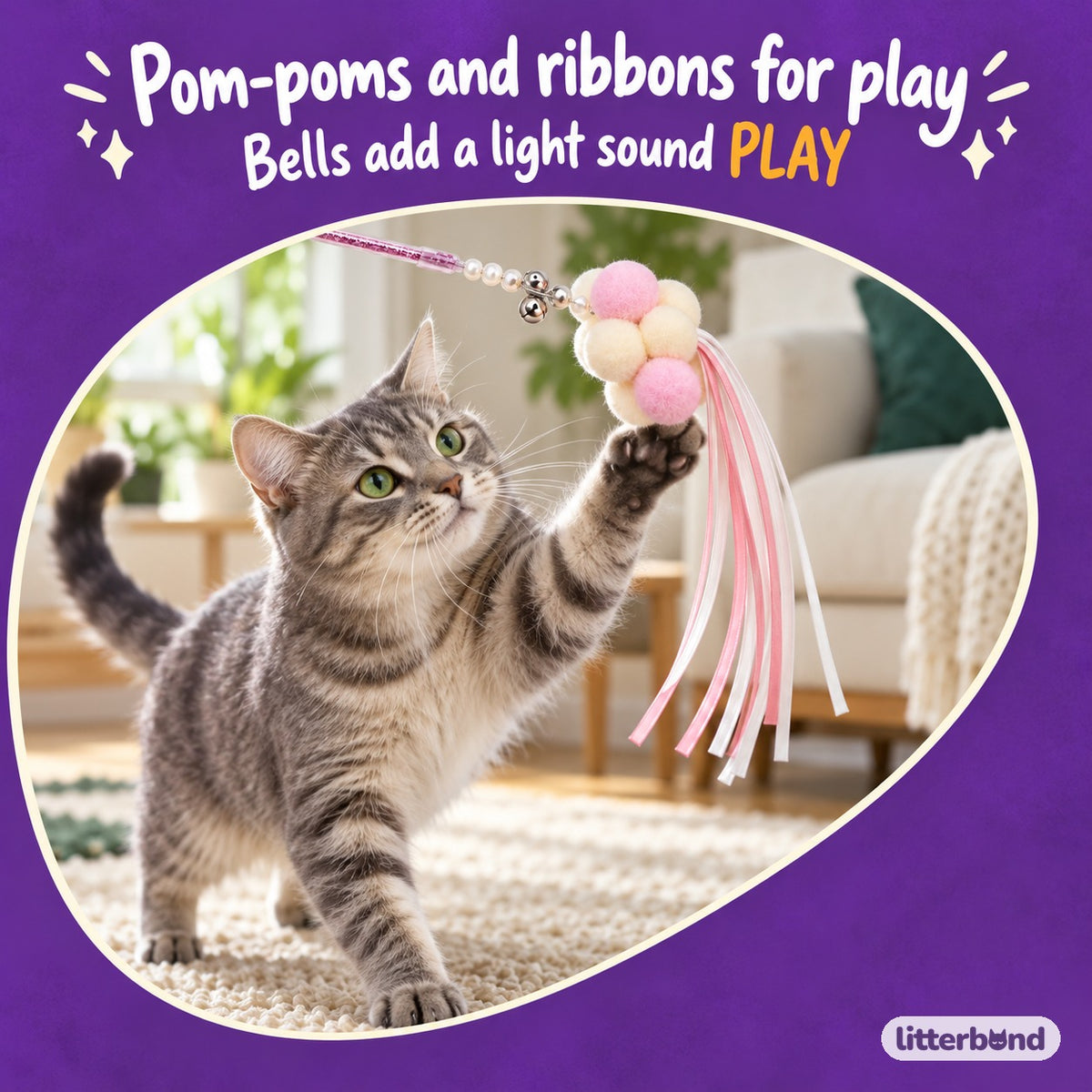 Pastel Pom-Pom Teaser Wand for Chasing with a cat