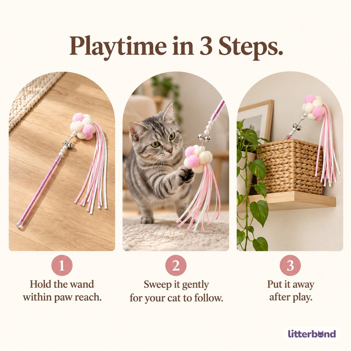 Pastel Pom-Pom Teaser Wand for Chasing - how to play
