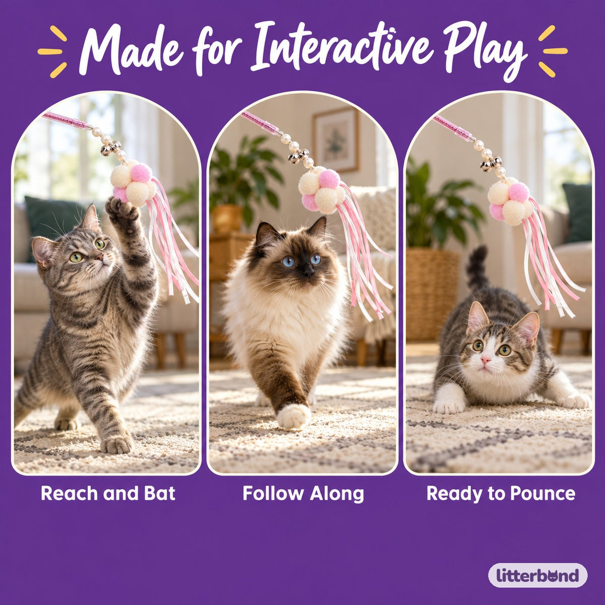 Pastel Pom-Pom Teaser Wand for Chasing - playtime at home
